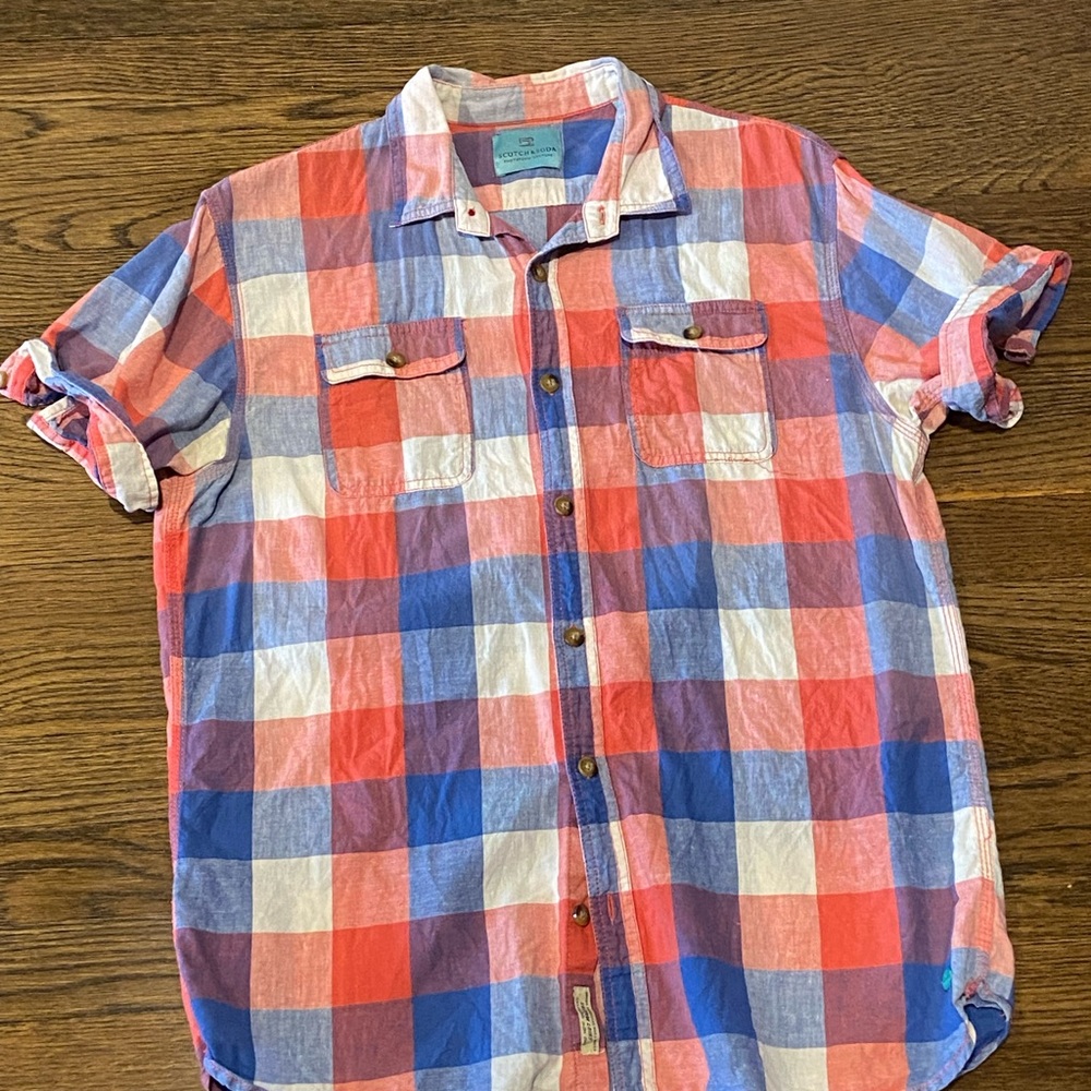 Scotch & Soda Mens Short Sleeve Red, Ivory, and Blue Plaid Button Down
